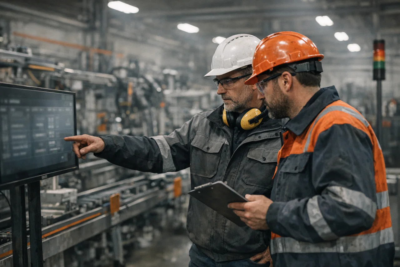 Operations team reviewing production data on an industrial plant floor